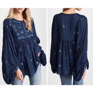 Free People Kiss From A Rose Embroidered Tunic Boho Top Blouse Navy Size XS